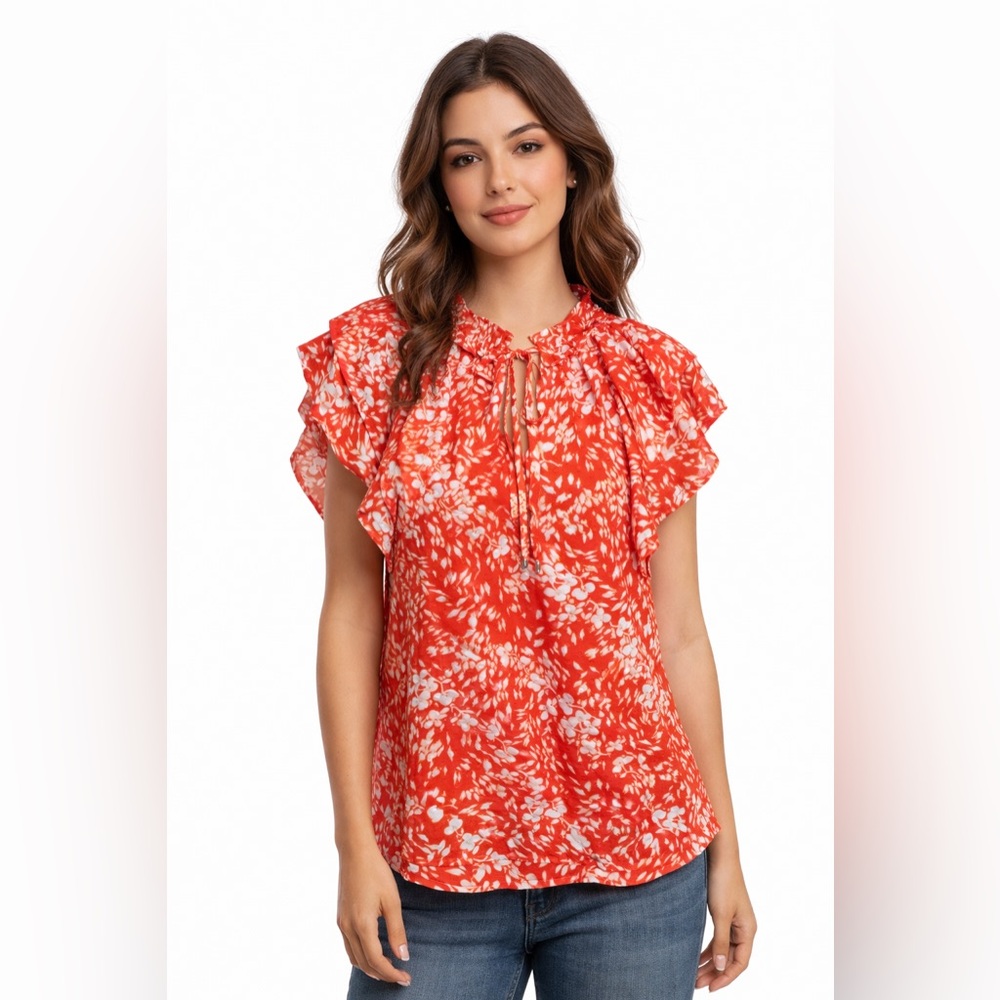 Entro Boho Floral Ruffle Sleeve Tie Neck Blouse